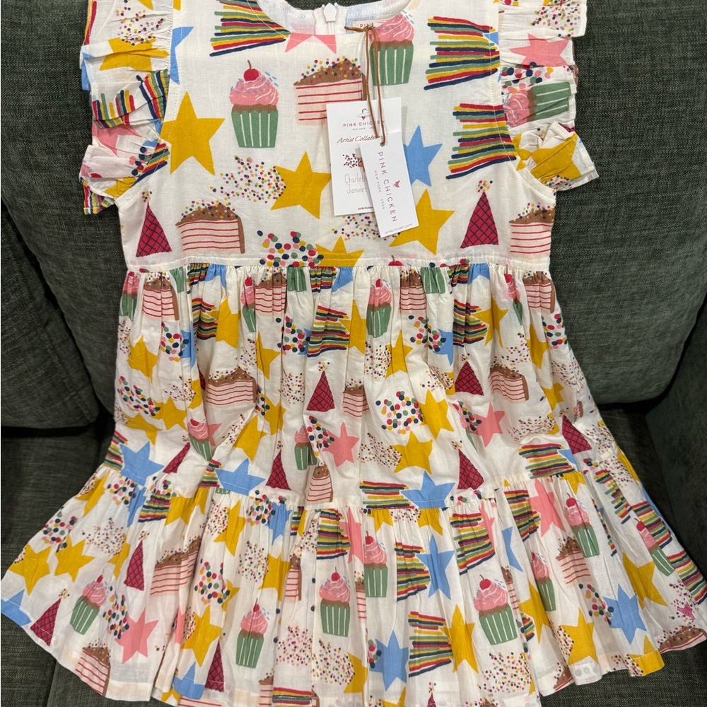 Pink Chicken Girls Cupcake & Star Print Dress - White, Yellow, Blue, Green, Pink
